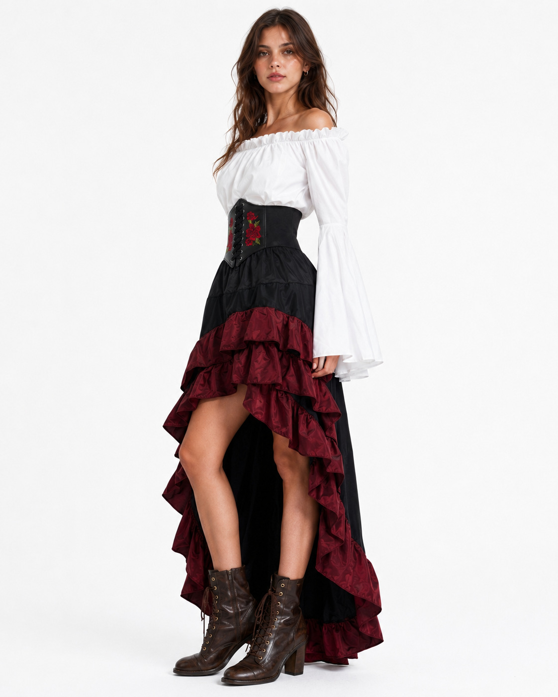 3Pcs Medieval Pirate Costume - Elizabeth Rose Embroidery Corset Ruffled Outfit